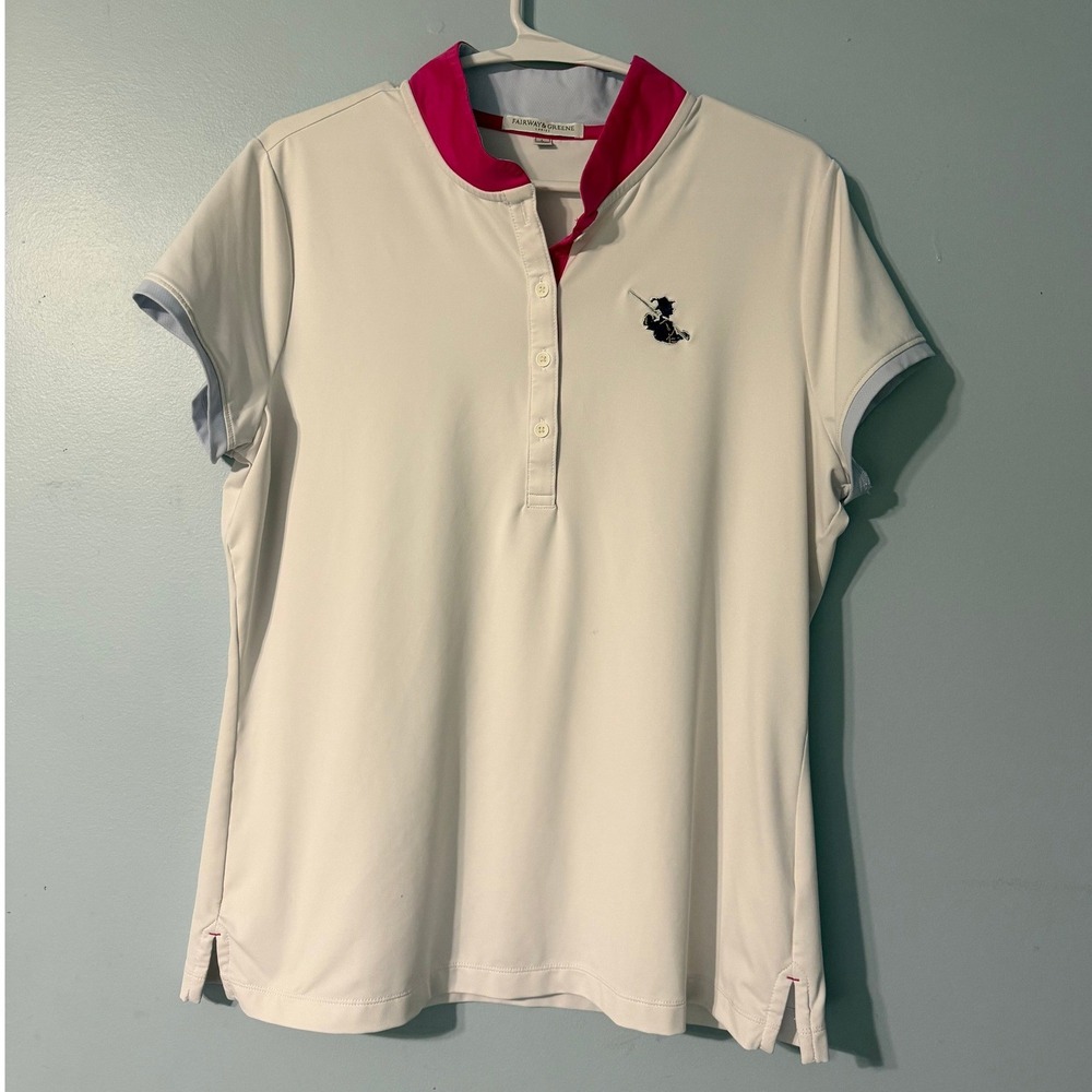 Fairway & Greene Women's L Golf Polo Shirt White Pink Collar Logo 0739